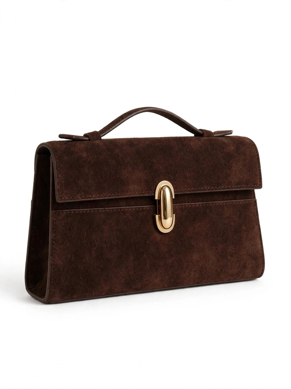Brown Suede Top-Handle Women's Bag with Gold Hardware